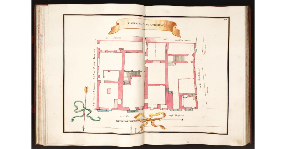 Pianta del piano a terreno [delle Case e botteghe poste in cappella di S. M. Presbiteri Anselmi alias del Giglio]
