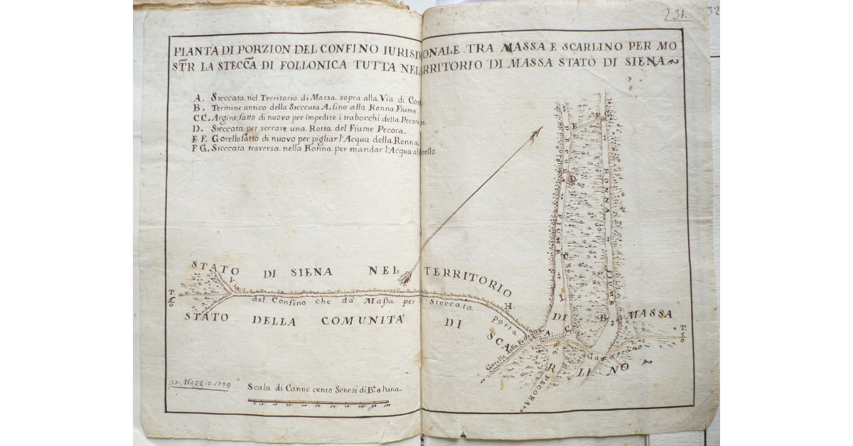 Pianta di Porzione del confino iurisdizionale tra Massa e Scarlino per mostrar la steccata di Follonica tutta nel territorio di Massa Stato di Siena