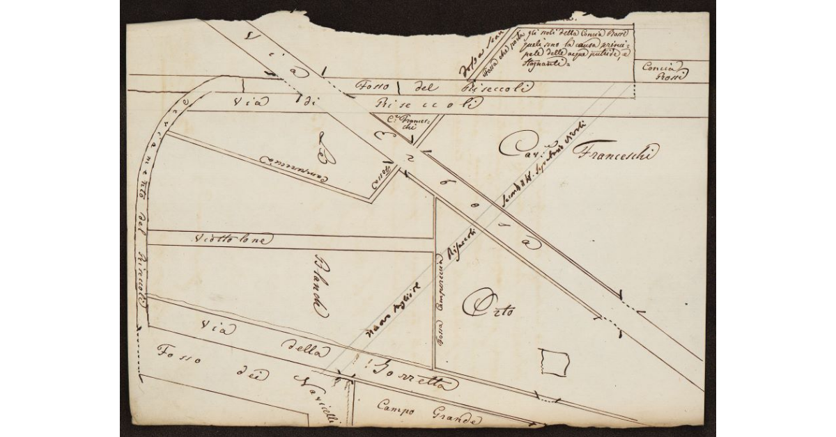 [Mappa schematica dell'area compresa fra i fossi del Riseccoli e dei Navicelli, con strade e scoli e con progetto di incanalamento del Riseccoli a Livorno]