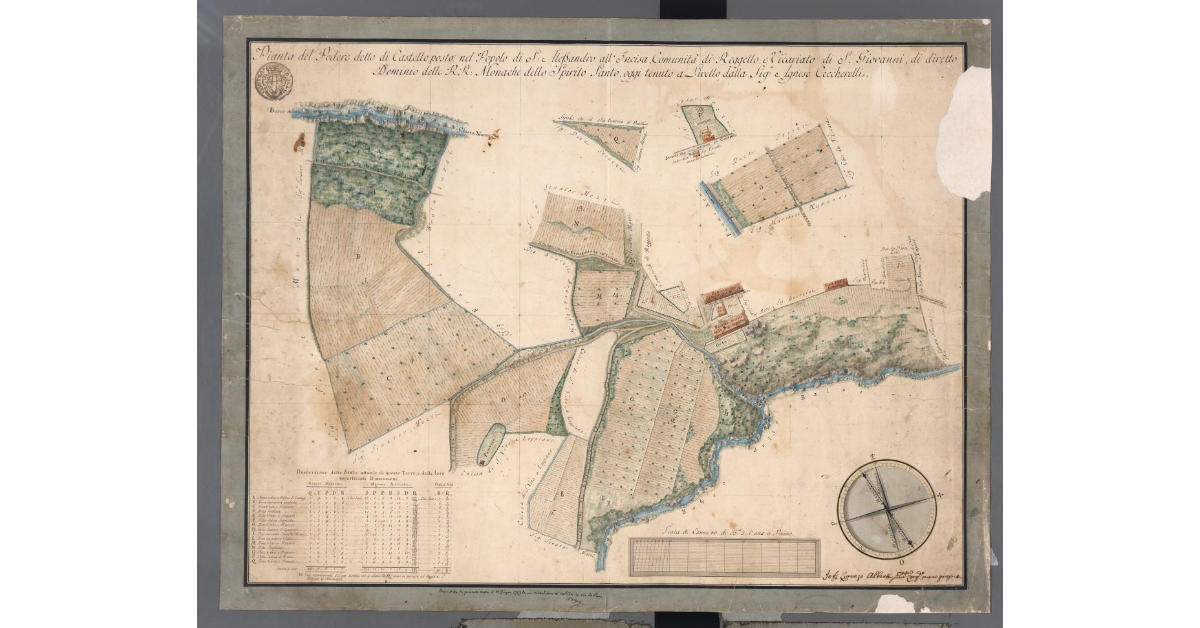 Pianta del Podere detto di Castello, posto nel Popolo di S. Alessandro all'Incisa, Comunità di Reggello, e Vicariato di S. Giovanni, di diretto Dominio delle R.R. Monache dello Spirito Santo, oggi tenuto a Livello dalla sig. Agnese Ceccherelli