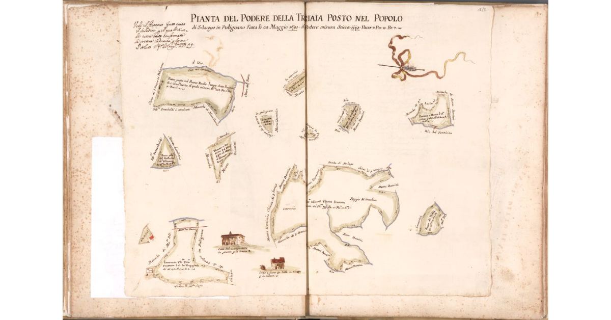 Pianta del Podere della Tinaia posto nel Popolo di S. Iacopo in Pulignano fatta li 23 maggio 1691. Il Podere misura Stiora 1119 Panora 7 Pugnora 11 Braccia 7