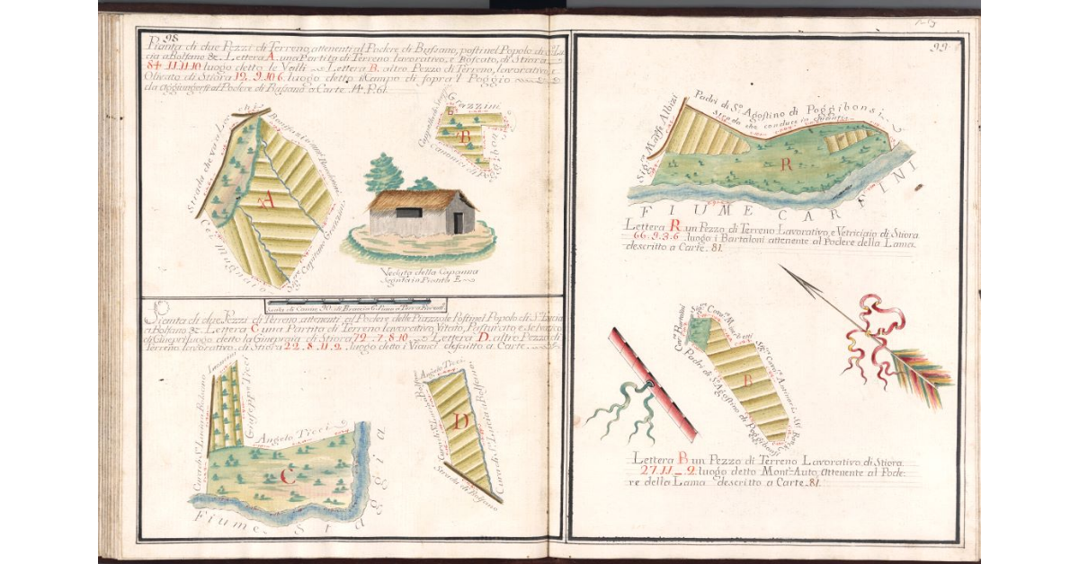 [Pianta tripartita di complessivi sei pezzi di terreno con una capanna attenenti ai Poderi di Bussano, delle Piazzole e della Lama]