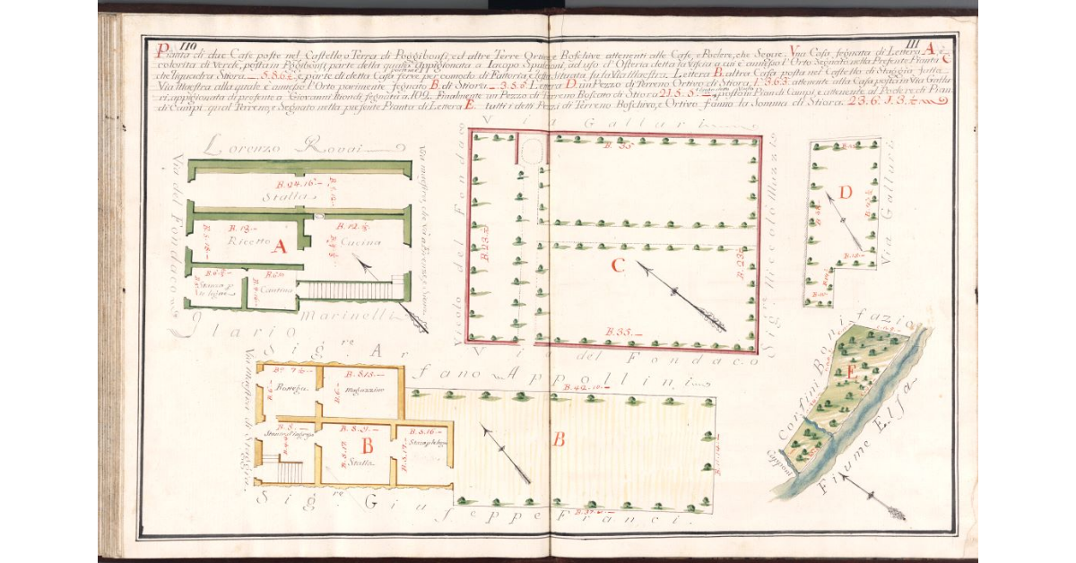 Pianta di due Case poste nel Castello e Terra di Poggibonsi [e in quello di Staggia], ed altre terre ortive e boschive attenenti alle Case e Podere […]