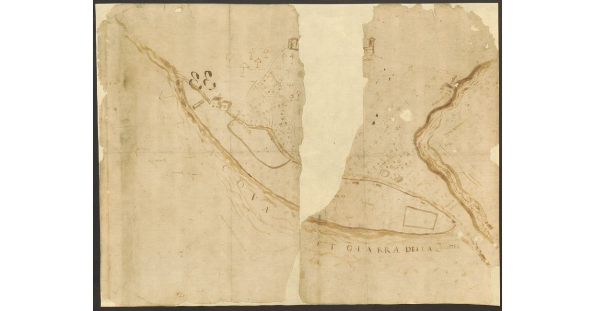 [Pianta del territorio che si estende in prossimità della confluenza del torrente Canossilla nel fiume Magra]