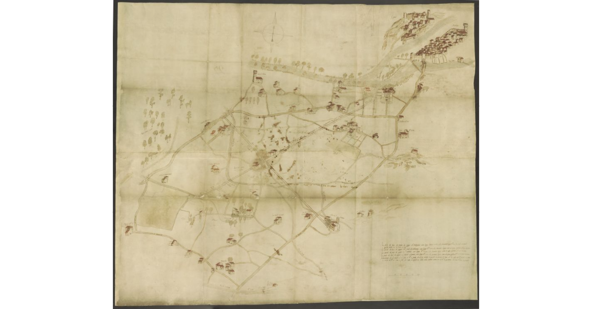 [Carta dell'Arno a valle dei centri abitati di Capraia e Montelupo con la viabilità intorno alla Villa dell'Ambrogiana]