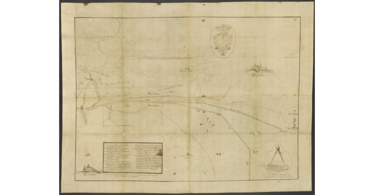 [Pianta del territorio di Chiusi con la rete di canalizzazione e i lavori di arginatura]