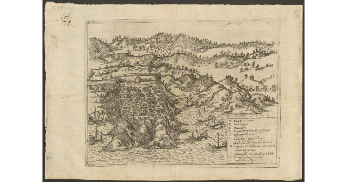 [Veduta di Brisch, Terra di Barberia attaccata dalla gente toscana]