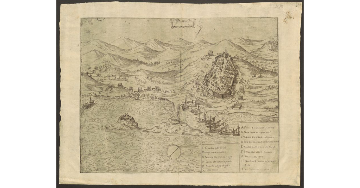 [Veduta della Fortezza di Alcheman e Seleucia in Caramania/Karaman (Asia Minore), con galere dei Cavalieri di Malta]