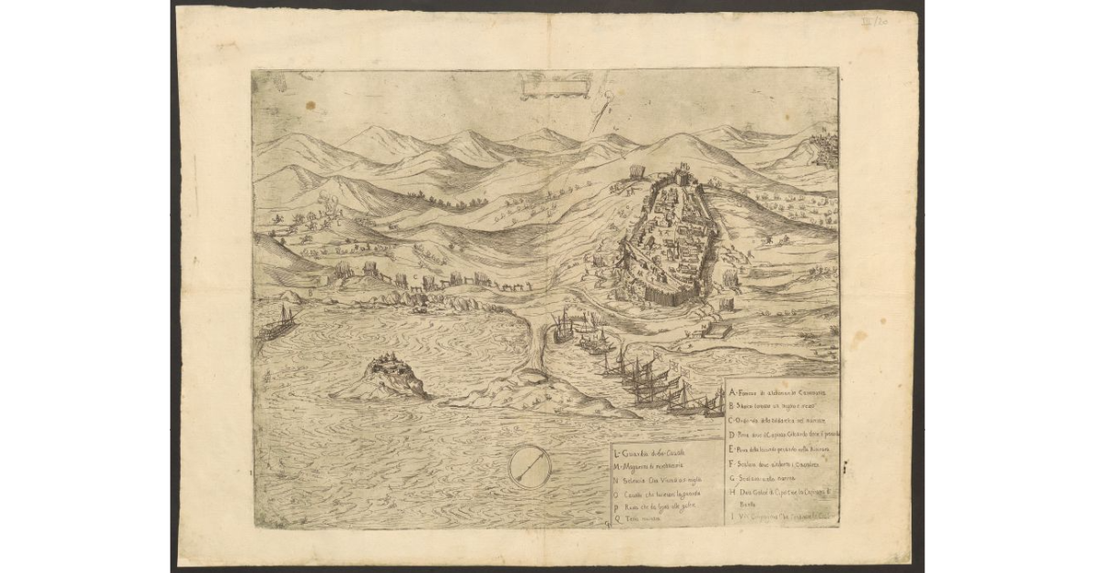 [Veduta della Fortezza di Alcheman e Seleucia in Caramania/Karaman (Asia Minore), con galere dei Cavalieri di Malta],