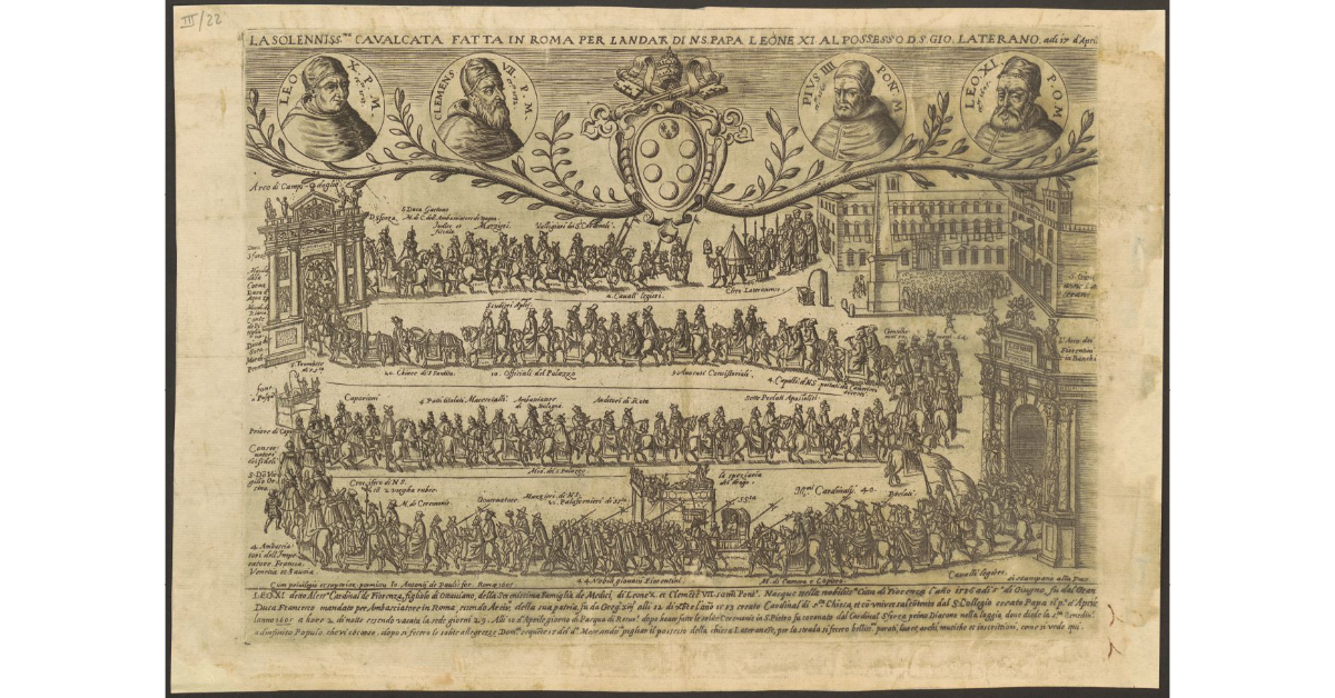 LA SOLENNISS.ma CAVALCATA FATTA IN ROMA PER LANDAR DI NS. PAPA LEONE XI AL POSSESSO DI S. GIO. LATERANO, a dì 17 d'Aprile 1605, Antonio de Paulis, Stamperia alla Pace, Roma