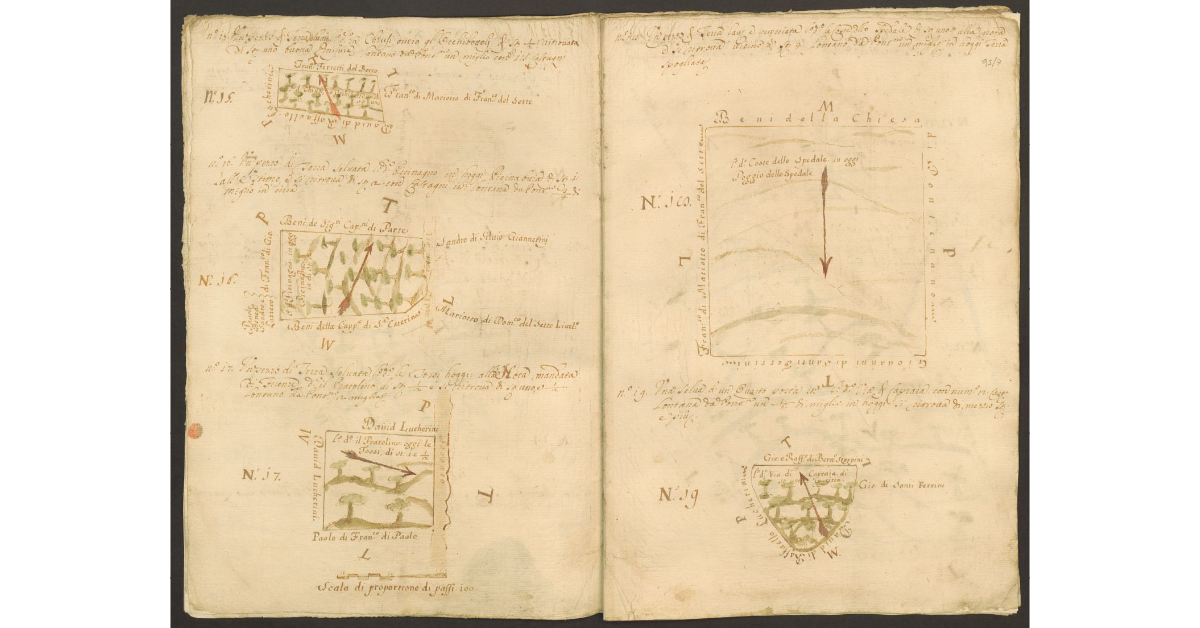 [Piante di alcuni terreni dello Spedale di Pontenano spettanti ai Capitani di S. Maria del Bigallo e concessi a livello a Mariotto del Sette e ai suoi nipoti]