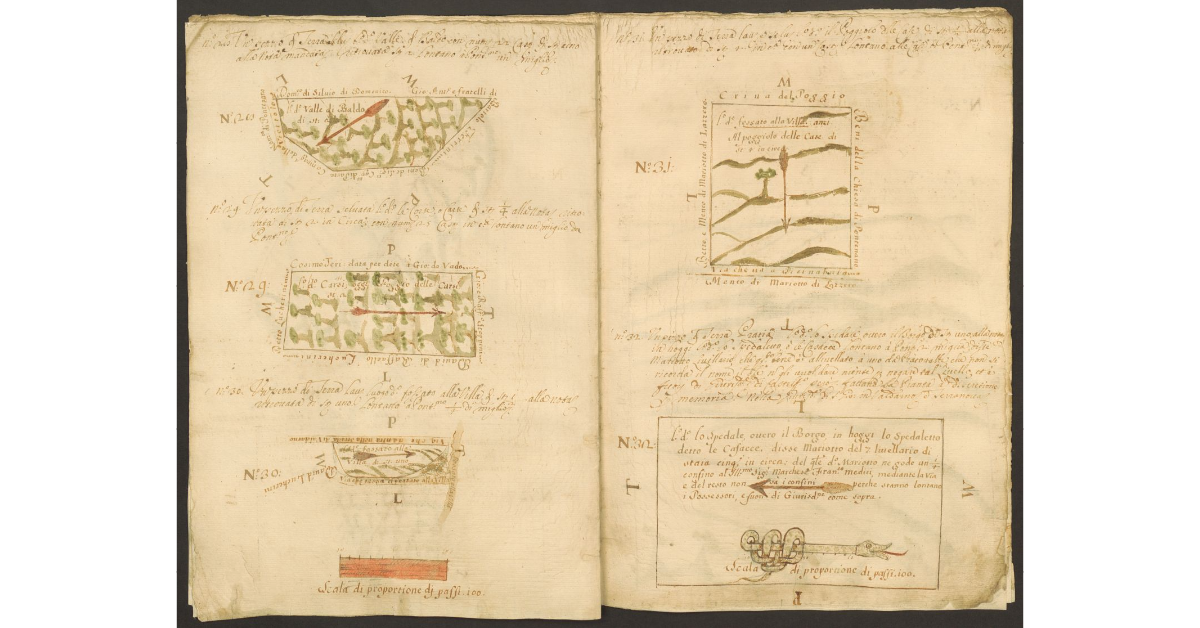 [Piante di alcuni terreni dello Spedale di Pontenano spettanti ai Capitani di S. Maria del Bigallo e concessi a livello a Mariotto del Sette e ai suoi nipoti]