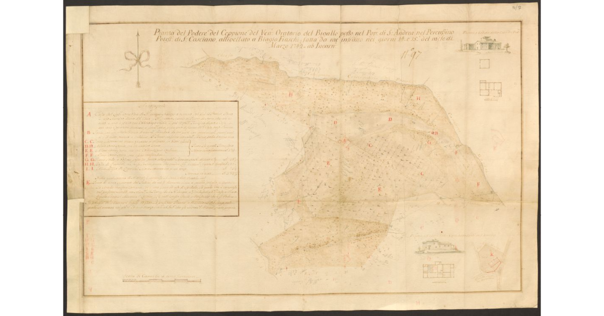 Pianta del Podere del Ceppione del Ven.e Oratorio del Bigallo posto nel Pop.o di S. Andrea nel Percussino Potest.a di S. Casciano, allivellato a Biagio Fiaschi, fatta da me infrascritto nei giorni 14 e 15 del mese di Marzo 1742 ab Incarn.e