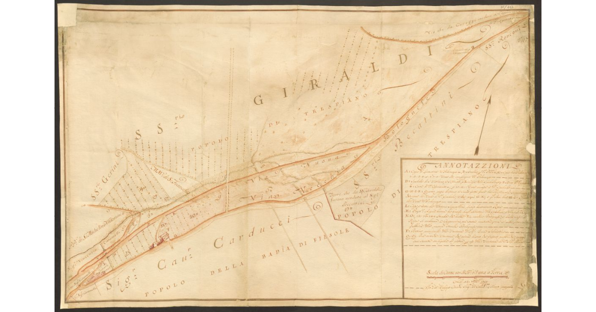 [Pianta dei terreni dello Spedale di S. Girolamo alla Lastra e del Poderuzzo posti lungo la via bolognese]