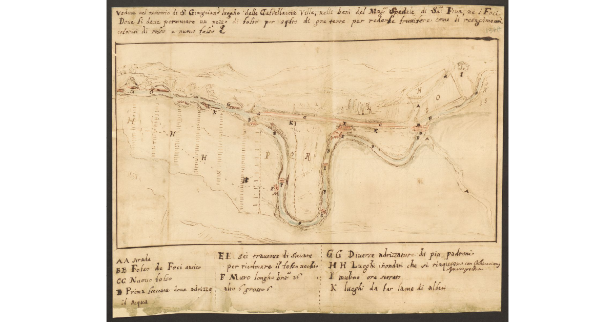 Veduta nel territorio di S. Gimigniano luogho della Castellaccia Villa, nelli beni del Mag.o Spedale di Sa.ta Fina, ne i Foci Dove si deve permutare un pezzo di fosso per aquisto di gra terre per rederle fruttifere come li resagimenti coloriti di rosso e nuovo fosso