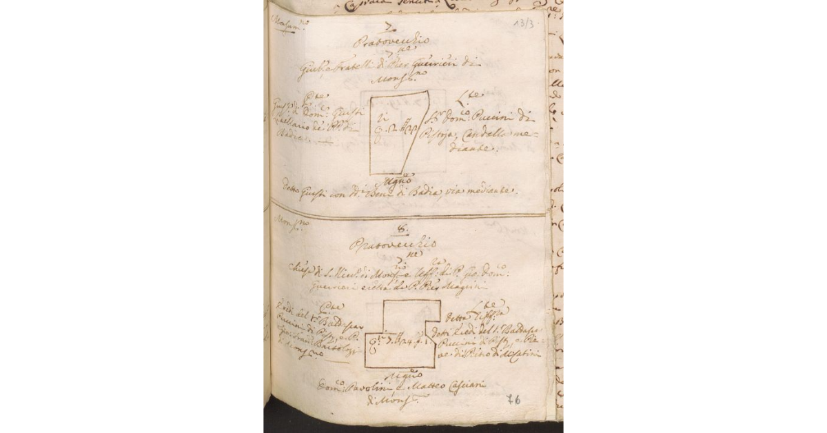 [Pianta e misura di due appezzamanti di terreno di proprietà dello Spedale di S. Bartolomeo di Monsummano e tenuti a livello dai Bolognini]