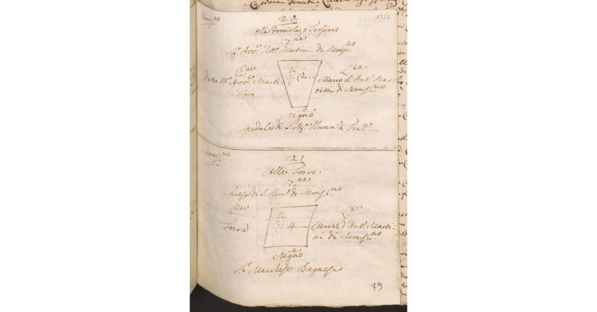 [Pianta e misura di due appezzamanti di terreno di proprietà dello Spedale di S. Bartolomeo di Monsummano e tenuti a livello dai Bolognini]