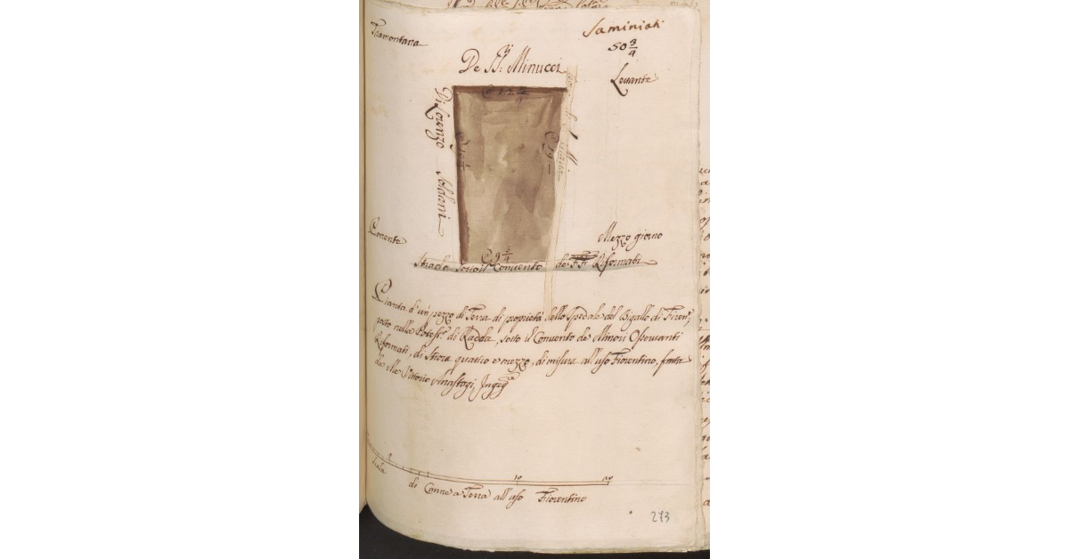Pianta d'un Pezzo di Terra di proprietà dello Spedale del Bigallo di Firenze, posto nella Potest.a di Radda, sotto il Convento de Minori Osservanti Riformati, di stiora quattro e mezzo, di misura all'uso Fiorentino, fatta da Me Vittorio Anastagi, Ingeg.re