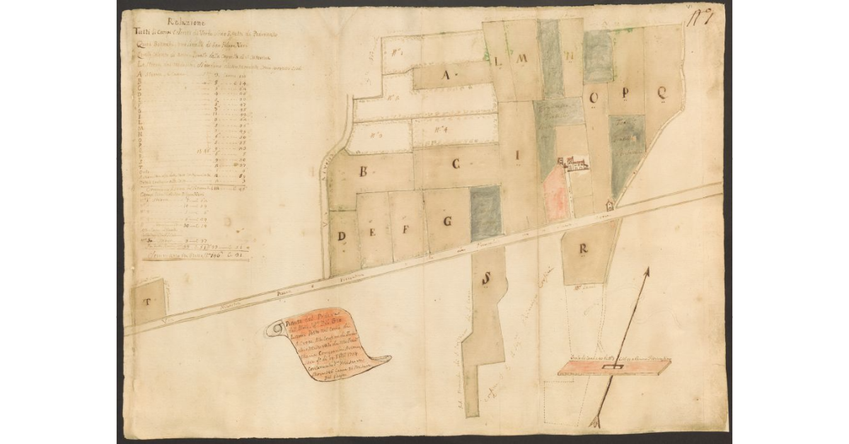 Pianta del Podere dell'Ill.mo Sig.re D.re Giovanni Lami Posto nel Comune di S. Croce Alle confine di Fucecchio misurato da me Francesco Maria Campanini Arimensore questo dì 19 ottobre 1754 convenedo detta misura stiora 146 canne 31 misura del Paese