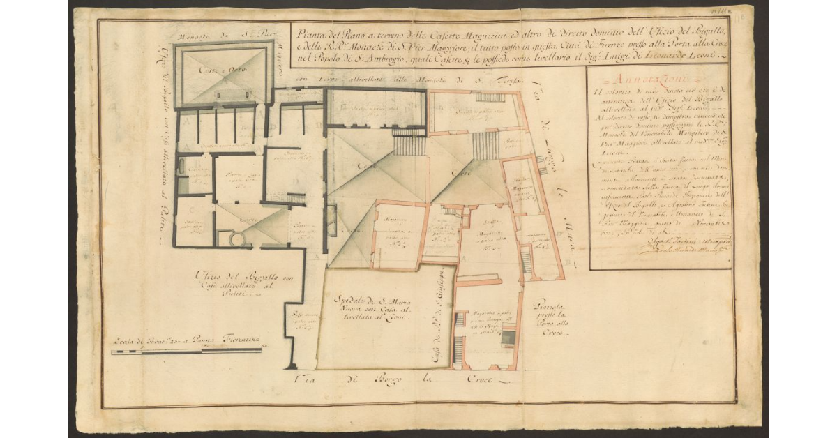 Pianta del Piano a terreno delle Casette Magazzini ed altro di diretto dominio dell'Ufizio del Bigallo, e delle R.R.e Monache di S. Pier Maggiore, il tutto posto in questa Città di Firenze presso alla Porta alla Croce nel Popolo di S. Ambrogio, quali casette le possiede come livellario il Sig.r Luigi di Leonardo Leoni