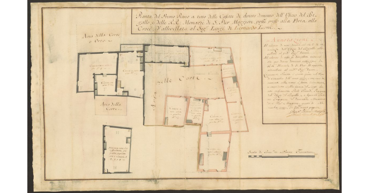 Pianta del Primo Piano a tetto delle Casette di diretto dominio dell'Ufizio del Bigallo, e delle RR. Monache di S. Pier Maggiore, poste presso alla Porta alla Croce, ed allivellate al Sig.r Luigi di Leonardo Leoni