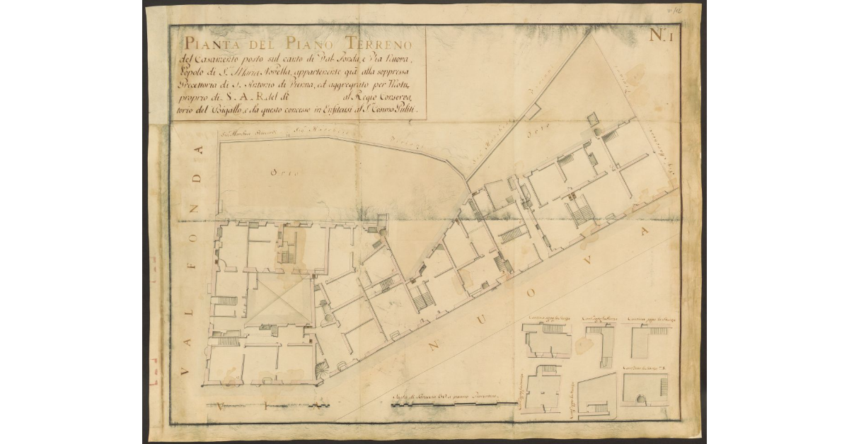 Pianta del Piano Terreno del Casamento posto sul canto di Val Fonda, e Via Nuova, Popolo di S.ta Maria Novella, appartenente già alla soppressa Precettoria di S. Antonio di Vienna, ed aggregrato per Motuproprio di S.A.R. del dì al Regio Conservatorio del Bigallo, e da questo concesso in Enfiteusi al S.r Cosimo Puliti