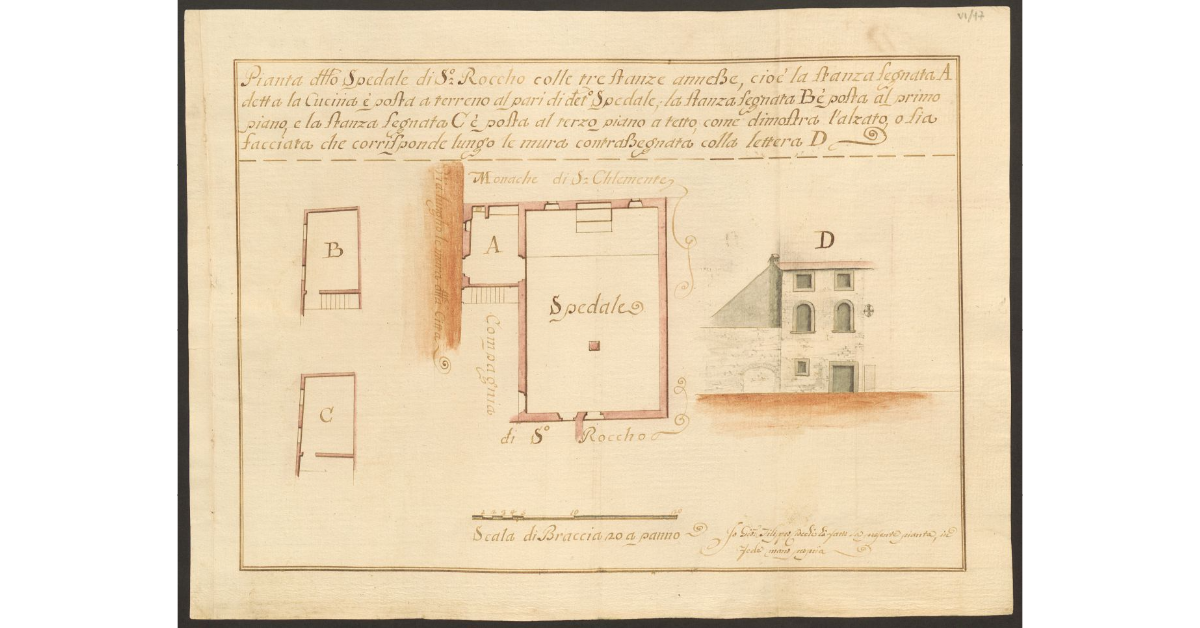 Pianta delo Spedale di S. Roccho colle tre stanze annesse, cioè la stanza segnata A detta la Cucina è posta a terreno al pari di detto Spedale; la Stanza segnata B è posta la primo piano, e la stanza segnata C è posta al terzo piano a tetto, come dimostra l'alzato, o sia facciata che corrisponde lungo le mura contrassegnata colla lettera D