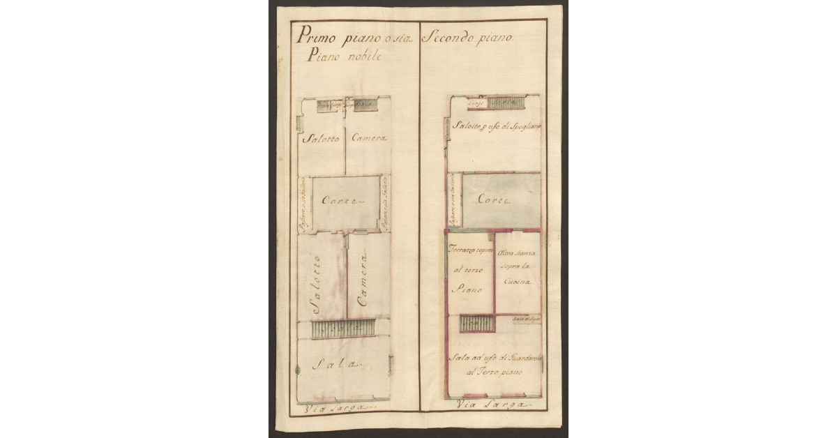 [Pianta del primo e del secondo piano di una casa posta in via Larga e tenuta a livello dai sig.ri Cremoncini su concessione del Magistrato del Bigallo]