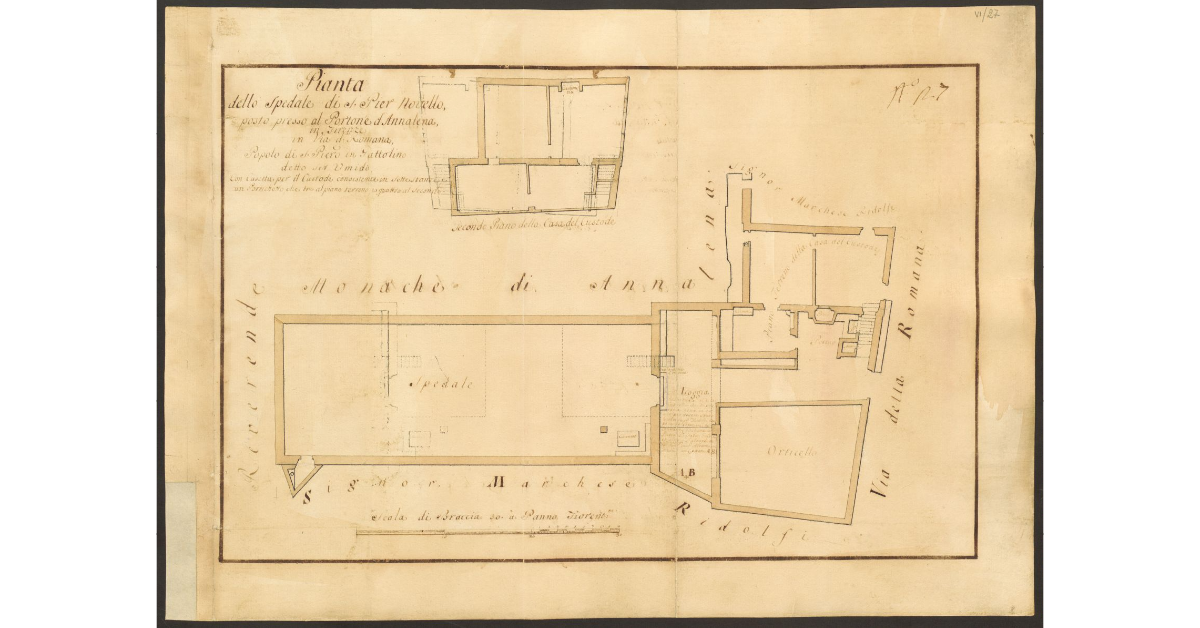 Pianta dello Spedale di S. Pier Novello, posto presso al Portone d'Annalena, in Firenze in via detta Romana, e Popolo di S. Piero in Gattolino detto Ser Umido