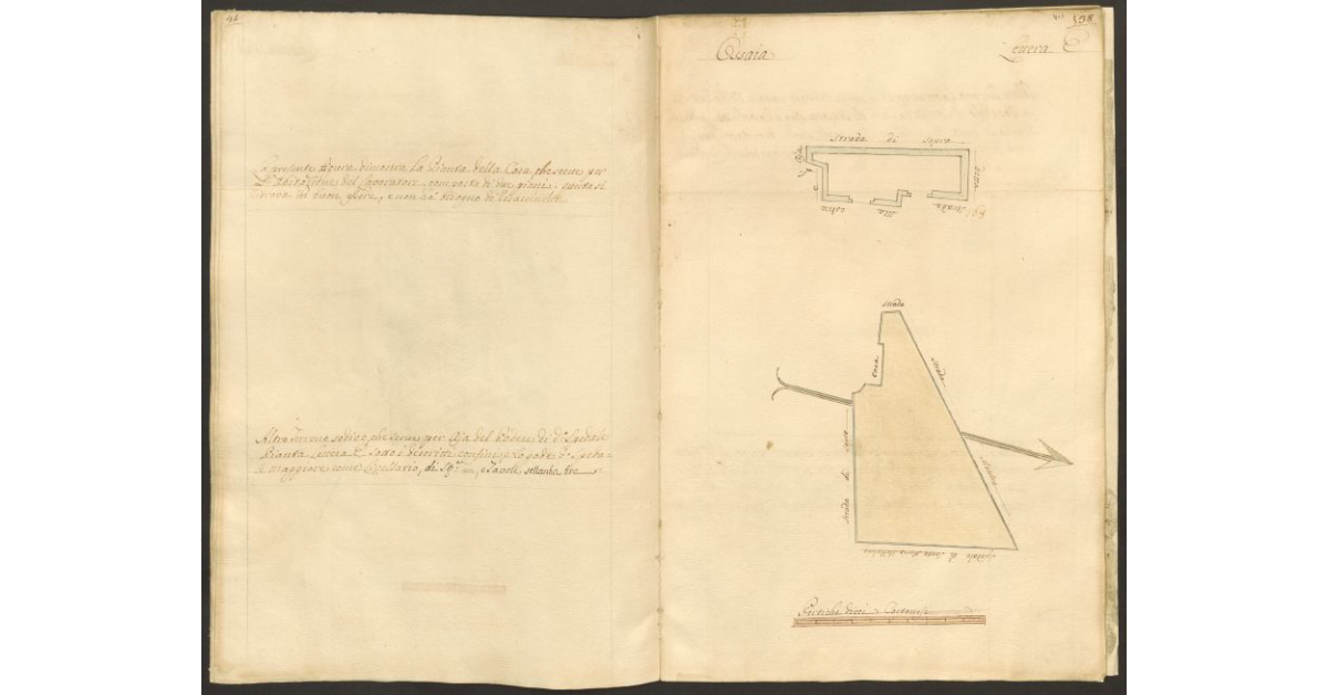 [Pianta della casa da lavoratore e di un appezzamento di terreno posto in Ossaia appartenente allo Spedale di S. Maria Maddalena e tenuto a livello dallo Spedale Maggiore di Cortona]