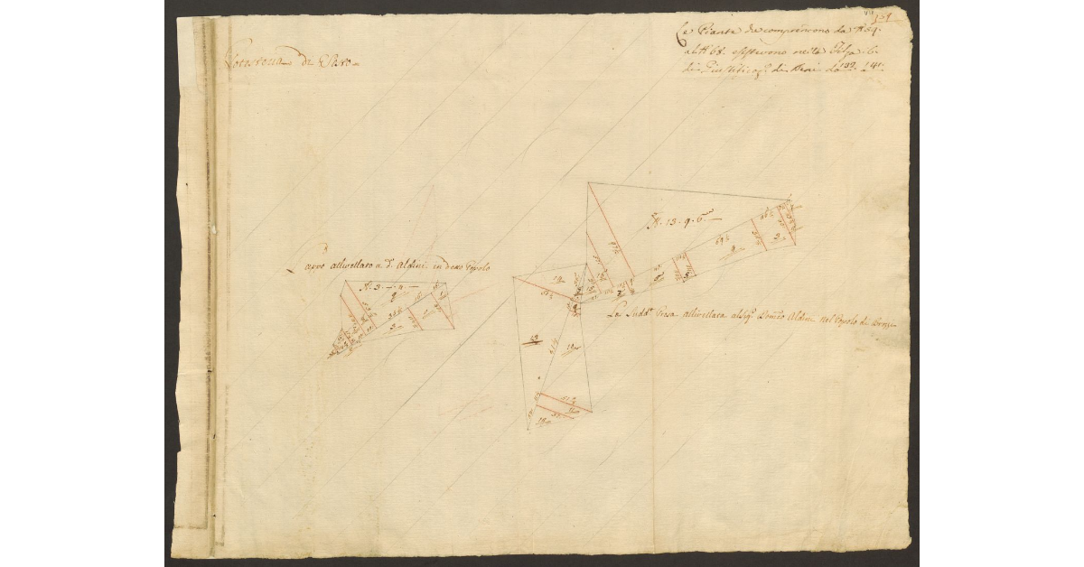 [Pianta di alcuni appezzamenti di terreno di dominio diretto del Bigallo concessi a livello a Domenico Aldini nella comunità di Sesto]