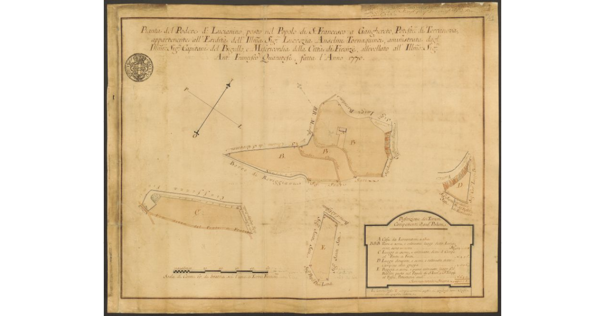 Pianta del Podere detto Lucianino, posto nel Popolo di S. Francesco a Ganghereto, Potesteria di Terranova, appartenente all'Eredità dell'Ill.ma Sig.ra Lucrezia Anselmi Tornaquinci, amministrata dagl'Ill.mi Sig.ri Capitani del Bigallo, e Misericordia della Città di Firenze, allivellato all'Ill.mo Sig.re Anton Francesco Quaratesi, fatta l'Anno 1770