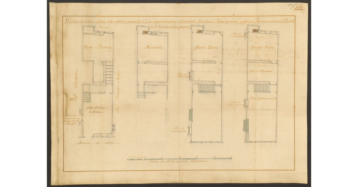 Pianta di tutti i piani che costituiscono la Casa appartenente all'eredità Anselmi Tornaquinci, posta in Terranuova nel Popolo di S. Niccolò a Ganghereto