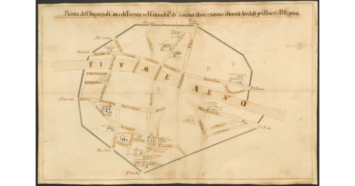 Pianta dell'Imperial Città di Firenze nel Granducato di Toscana, dove esistono diversi Spedali per i Poveri, e Pellegrini