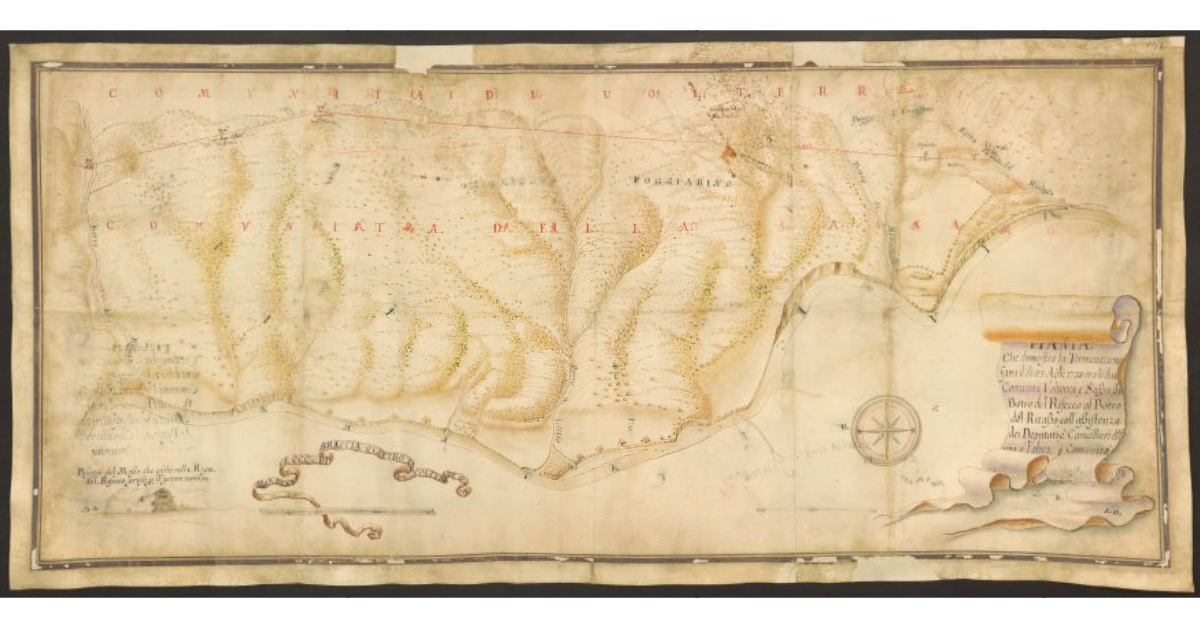 Pianta che dimostra la Terminazione fatta il dì 23 Aprile 1735 tra le due Comunità Volterra, e Sassa, dal Botro del Risecco al Botro del Ritasso, coll'Assistenza dei Deputati, e Cancellieri dell'una e l'altra Comunità