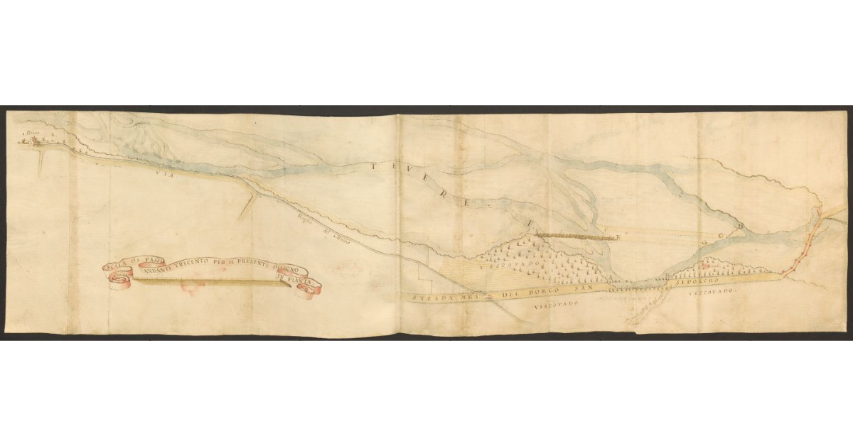 [Pianta del corso del fiume Tevere nel territorio compreso fra Anghiari e Sansepolcro con l'indicazione di alcuni lavori che devono essere eseguiti]