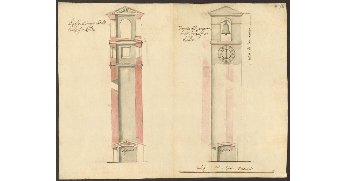 [Profilo e facciata del campanile di Radda, con l'indicazione dei lavori per innalzarlo]