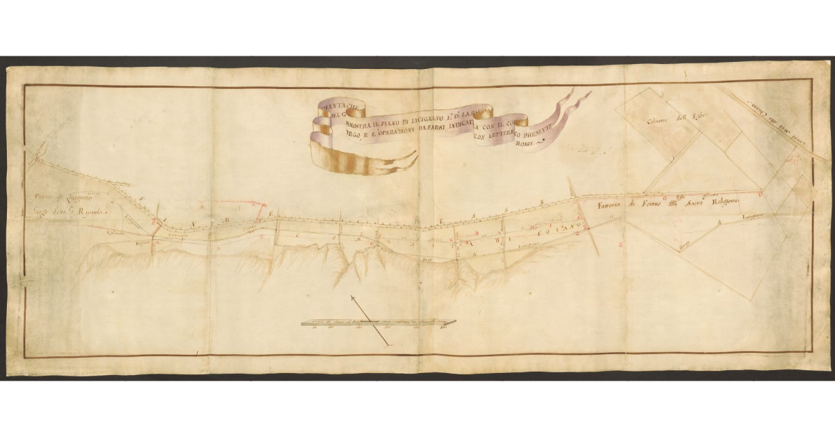 Pianta che dimostra il piano di Lucignano luogo detto la Ripaiola con il corso presente del gorgo, e l'operazioni da farsi indicate con lettere rosse