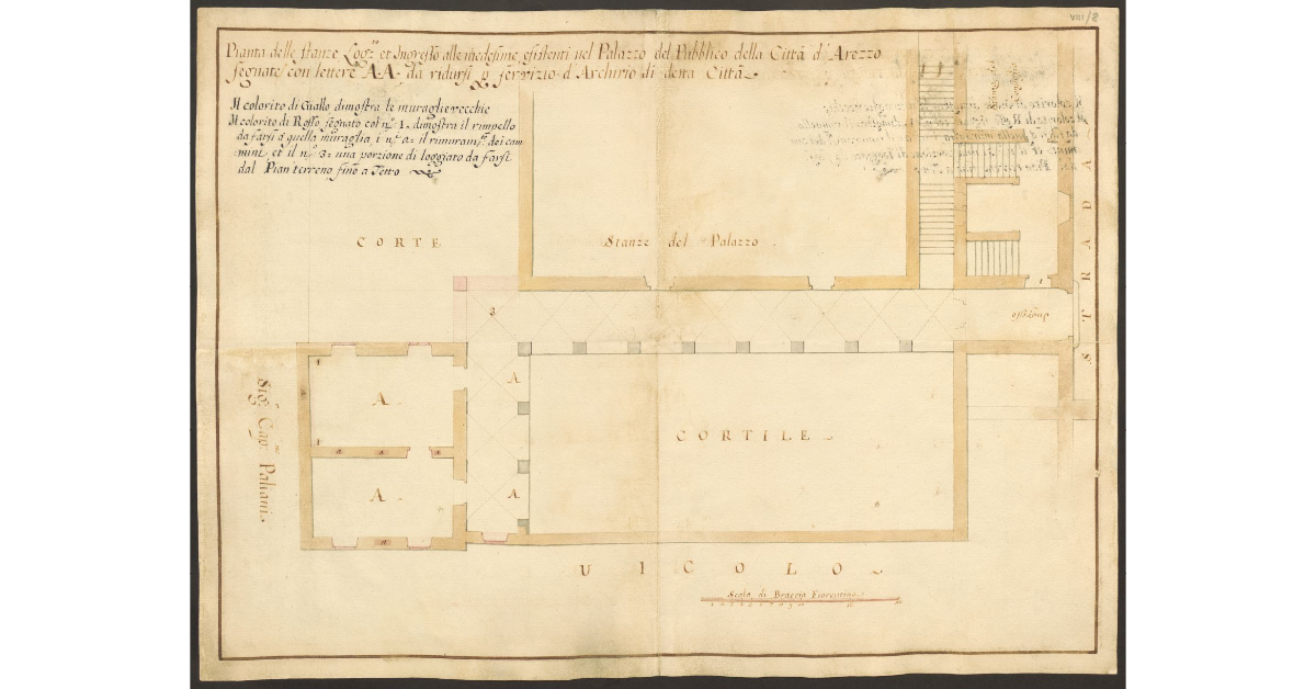 Pianta delle stanze, Loggiato et Ingresso alle medesime, esistenti nel Palazzo del Pubblico della Città d'Arezzo segnate con lettere AA da ridursi per servizio d'Archivio di detta Città