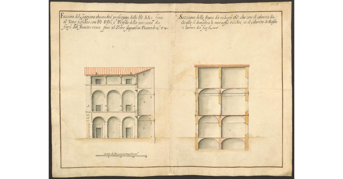[Facciata del loggiato, profilo e sezione delle stanze del Palazzo pubblico di Arezzo con l'indicazione dei lavori che devono essere eseguiti]