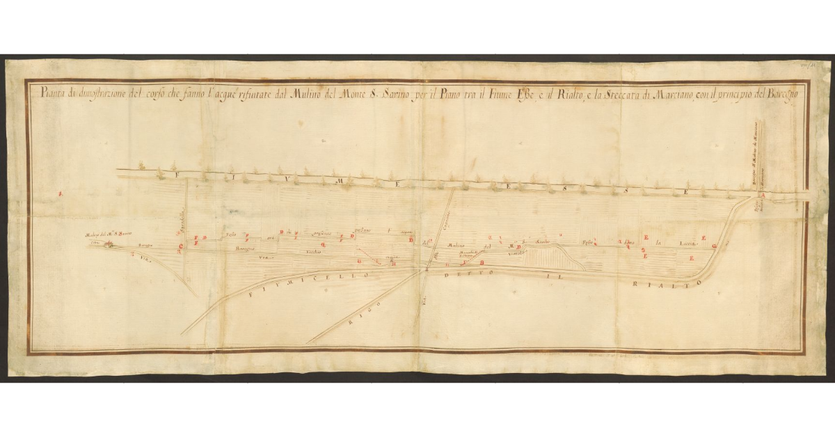 Pianta di dimostrazione del corso che fanno l'acque rifiutate dal Mulino del Monte S. Savino per il Piano tra il Fiume Esse, e il Rialto, e la Steccata di Marciano, con il principio del Baregno