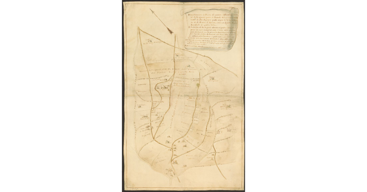 Dimostrazione in Pianta di quanto distendino i terreni della Quarta parte de Ranchi del Comune della Città di San Sepolcro posti sopra la Villa, e Popolo di S. Maria d'Aboca; tiene a livello Marco Batistelli di quella Villa