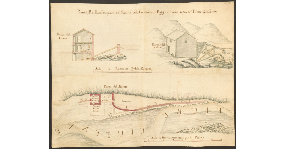 Pianta, Profilo, e Prospetto del Mulino della Comunità di Poggio di Loro, sopra del Fiume Ciufenne