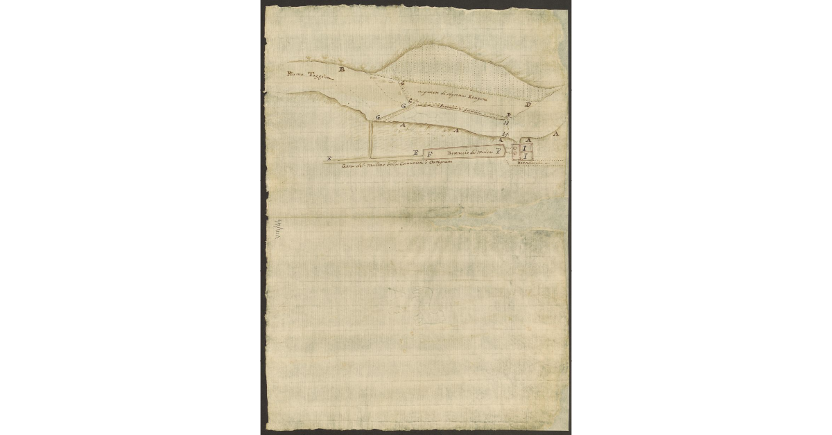 [Pianta del fiume Taggina con l'indicazione del mulino della comunità di Ortignano e dei lavori che devono essere eseguiti]