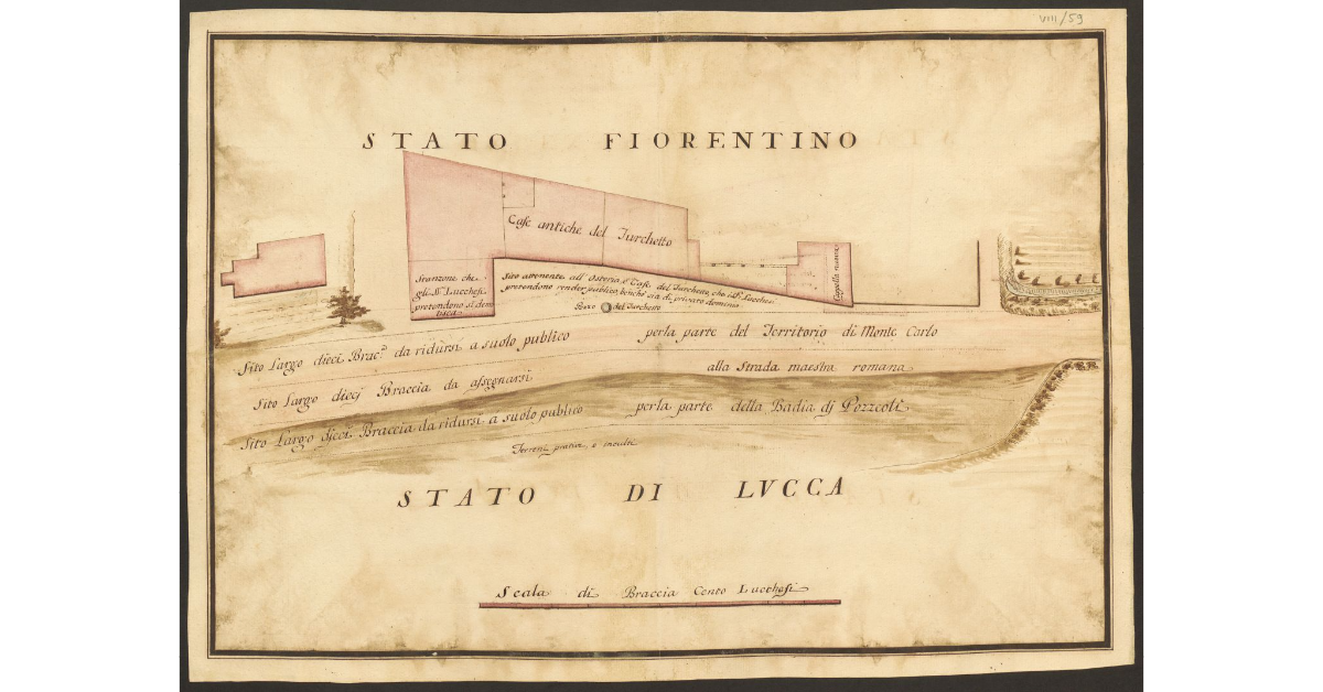 [Pianta delle Case antiche del Turchetto e dell'area adiacente, con l'indicazione di ciò che i Lucchesi pretendono che sia demolito e di ciò che pretendono che divenga di dominio pubblico]