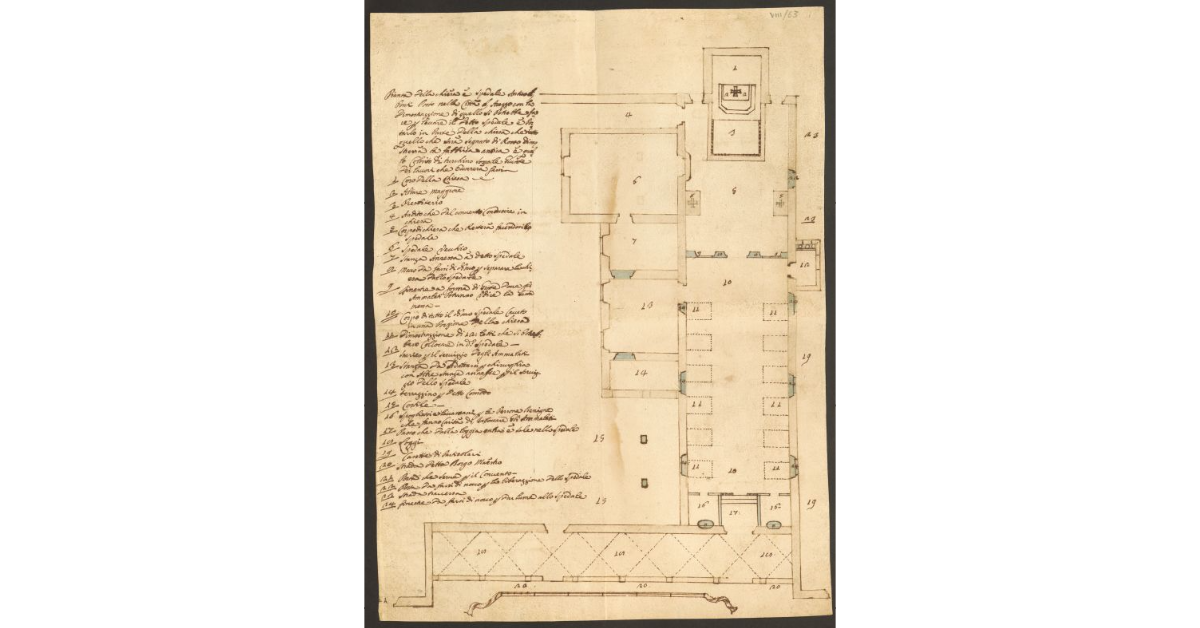 Pianta della Chiesa e Spedale Antico di Ponti Posto nella Città di Arezzo con la dimostrazzione di quello si potrebbe fare per levare il Detto Spedale é Portarlo in Parte Della chiesa che tutto quello che sarà segnato di Rosso dimostrerà la fabbrica antica é quello Colorito di turchino sono le Giunte Dei lavori che Occorrerà farsi