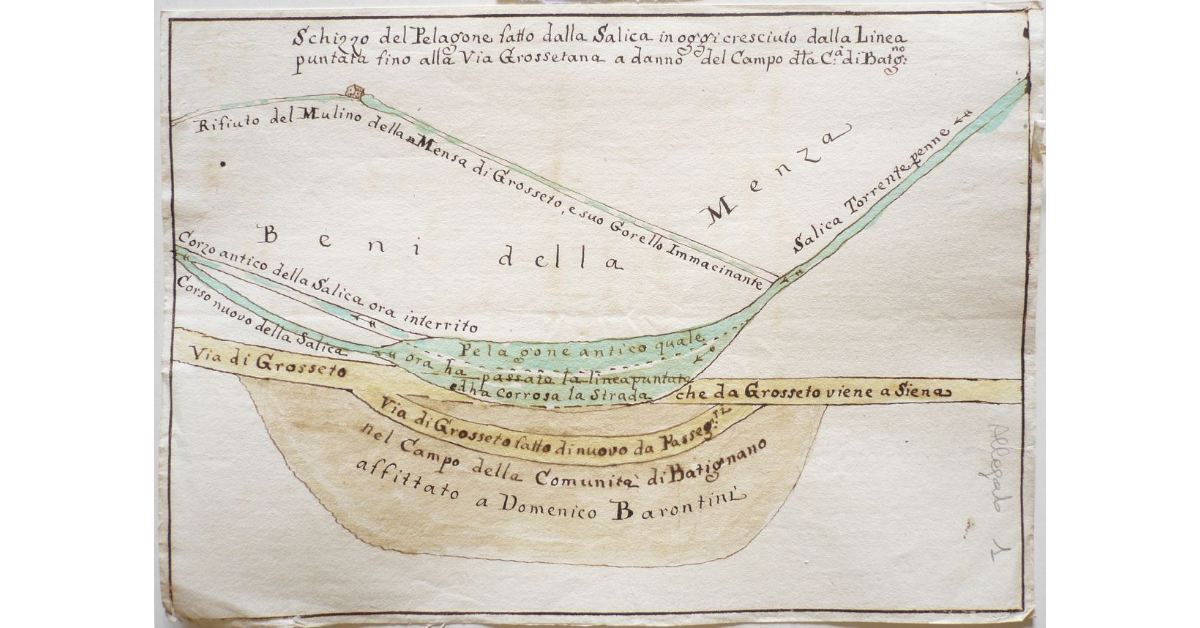 Schizzo del Pelagone fatto dalla Salica in oggi cresciuto dalla Linea puntata fino alla Via Grossetana a danno del Campo della Casa di Batignano