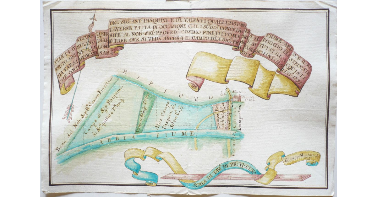 Pianta di alcune terre del signor Antonio Pasquini e del Valenti quali esistono tra il fiume Arbia e il rifiuto del mulino delle Taverne fatta in occasione che i suddetti concedono l'appoggio delle steccate da farsi nelle loro ripe al nobile signore provveditore Cosimo Finetti come ancora tutti gli' acquisti che colle medesime sarà per fare ove si vede ancora il campo della signora Franceschini