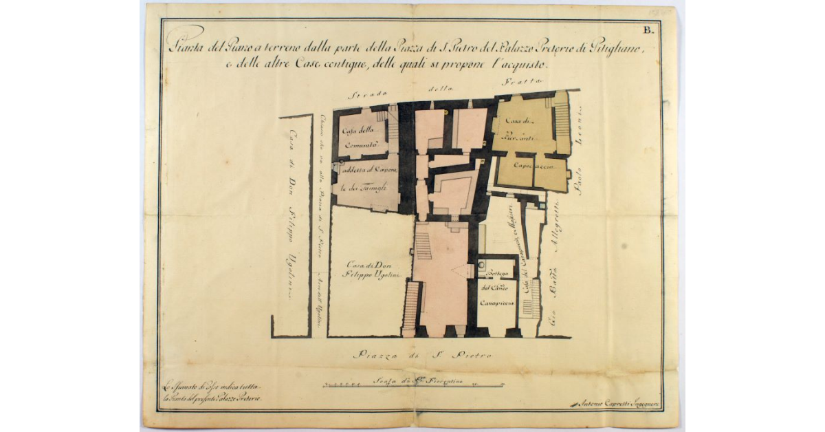 Pianta del Piano terreno dalla parte della Piazza di S. Pietro del Palazzo Pretorio di Pitigliano, e delle altre Case contigue, delle quali si propone l'acquisto
