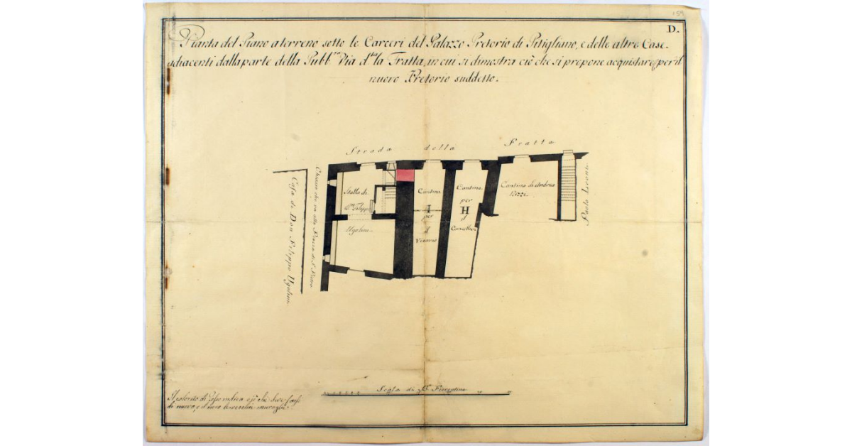 Pianta del Piano a terreno sotto le Carceri del Palazzo Pretorio di Pitigliano, e delle altre Case adiacenti dalla parte della Pubb.ca Via d.ta la Fratta, in cui si dimostra ciò che si propone acquistare per il nuovo Pretorio suddetto